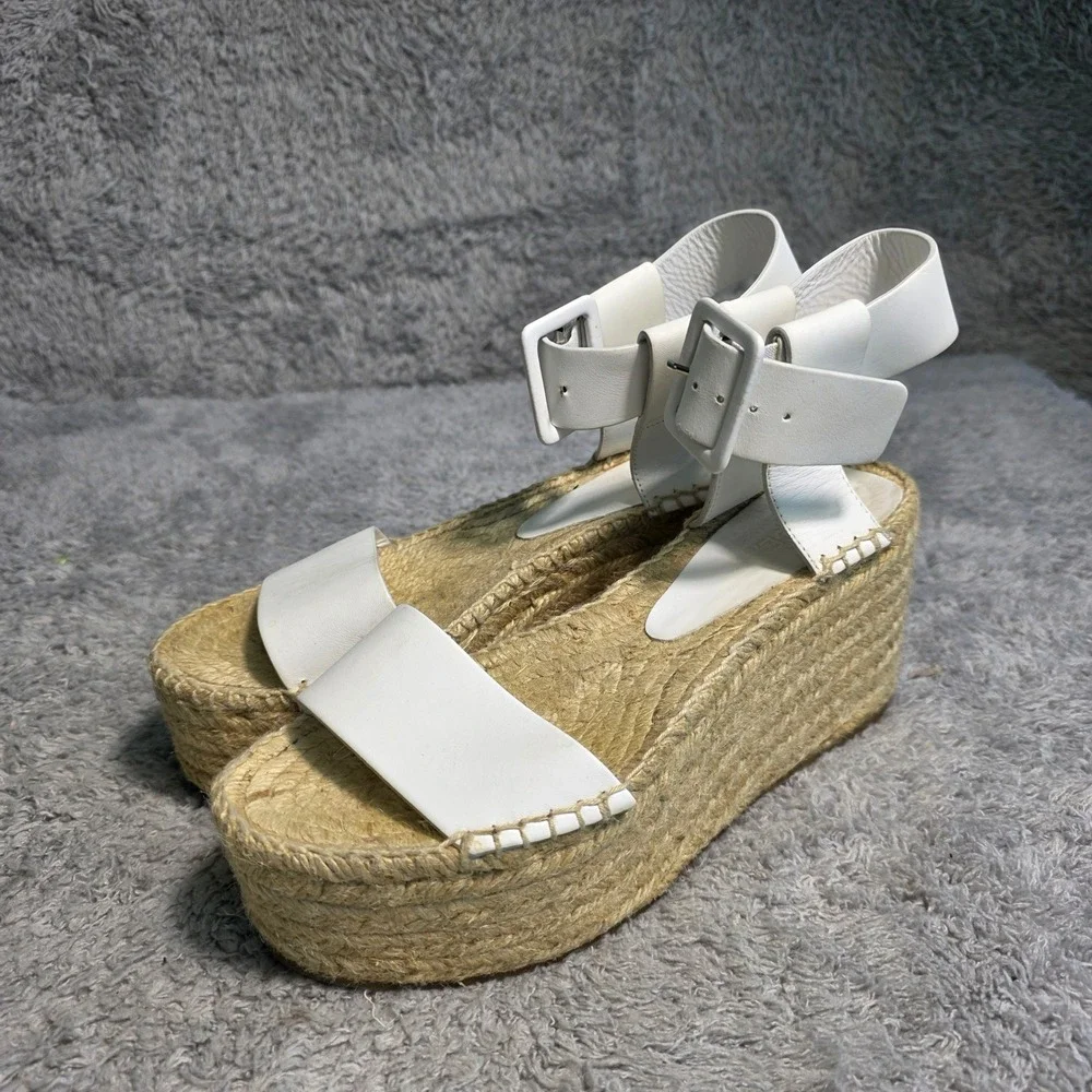 VINCE. Espadrille Platform Sandals White Leather Ankle Strap Womens 6M Excellent